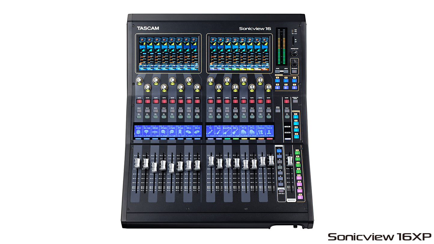 Tascam SonicView 16XP 16-channel digital mixing console with multitrack recorder, front view showing knobs and input ports