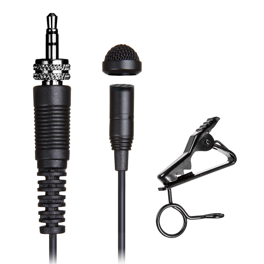 Black Tascam Lavalier Microphone for DR-10L digital recorder, showing the compact microphone with clip attachment.