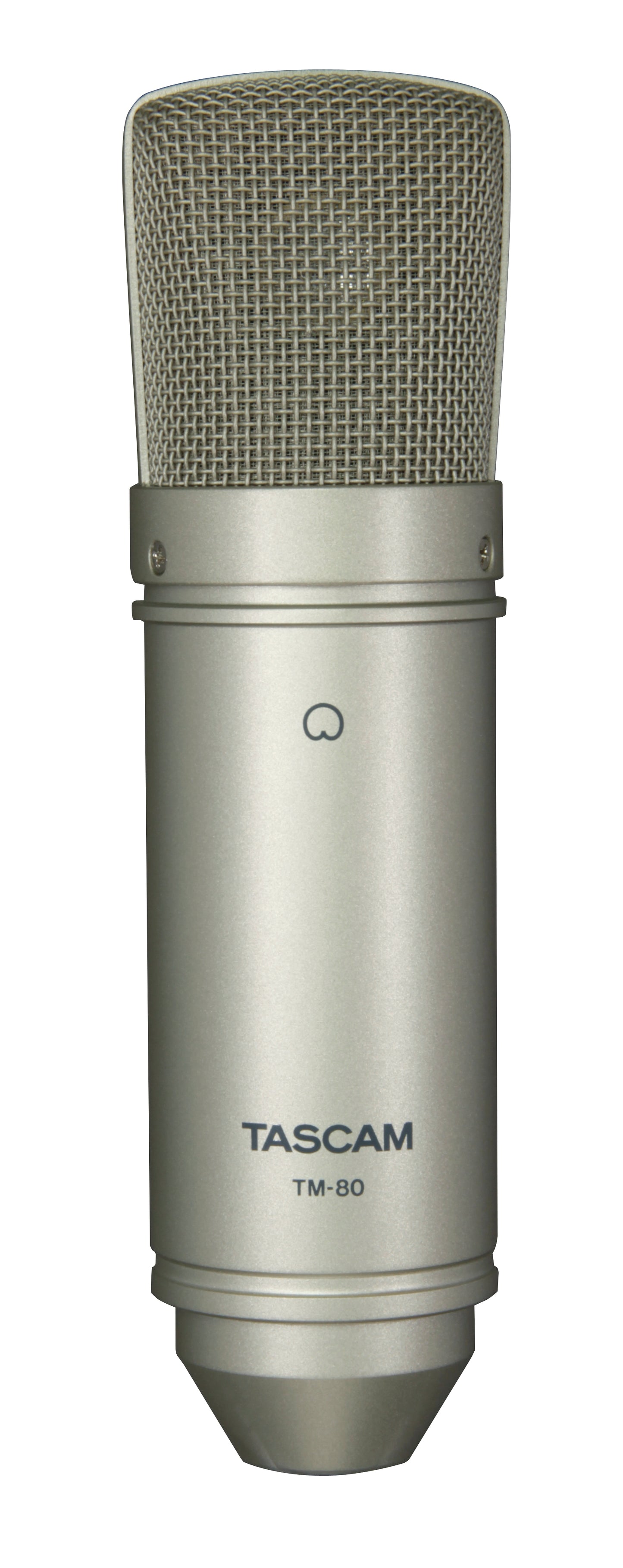 Tascam TM-80 studio condenser microphone on a stand, showing its cylindrical body and grille for professional audio recording.