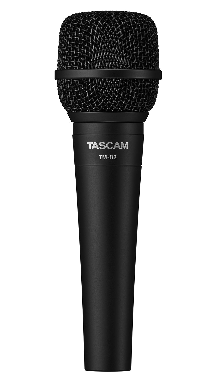 Tascam TM-82 dynamic microphone for vocals and instruments, shown from the front with a black grille and Tascam branding.