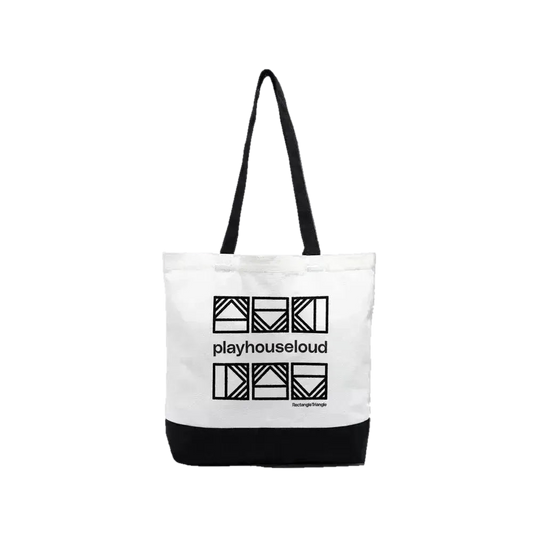 Large cotton tote bag featuring playful Play House Loud design by Rectangle Triangle, perfect for casual carrying and everyday use.
