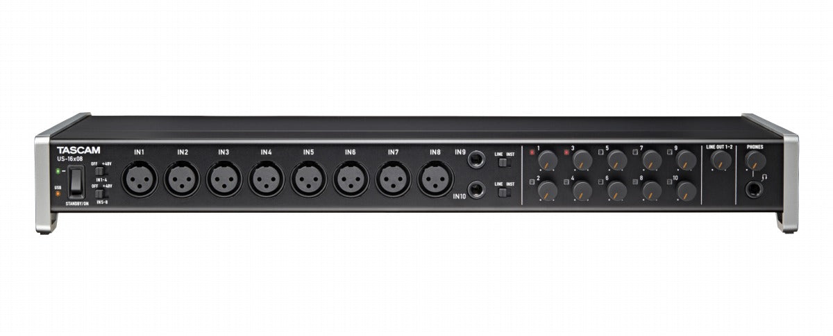 Tascam 16-in/8-out USB 2.0 audio interface with microphone preamps, all-analog I/O, and onboard DSP, front view.