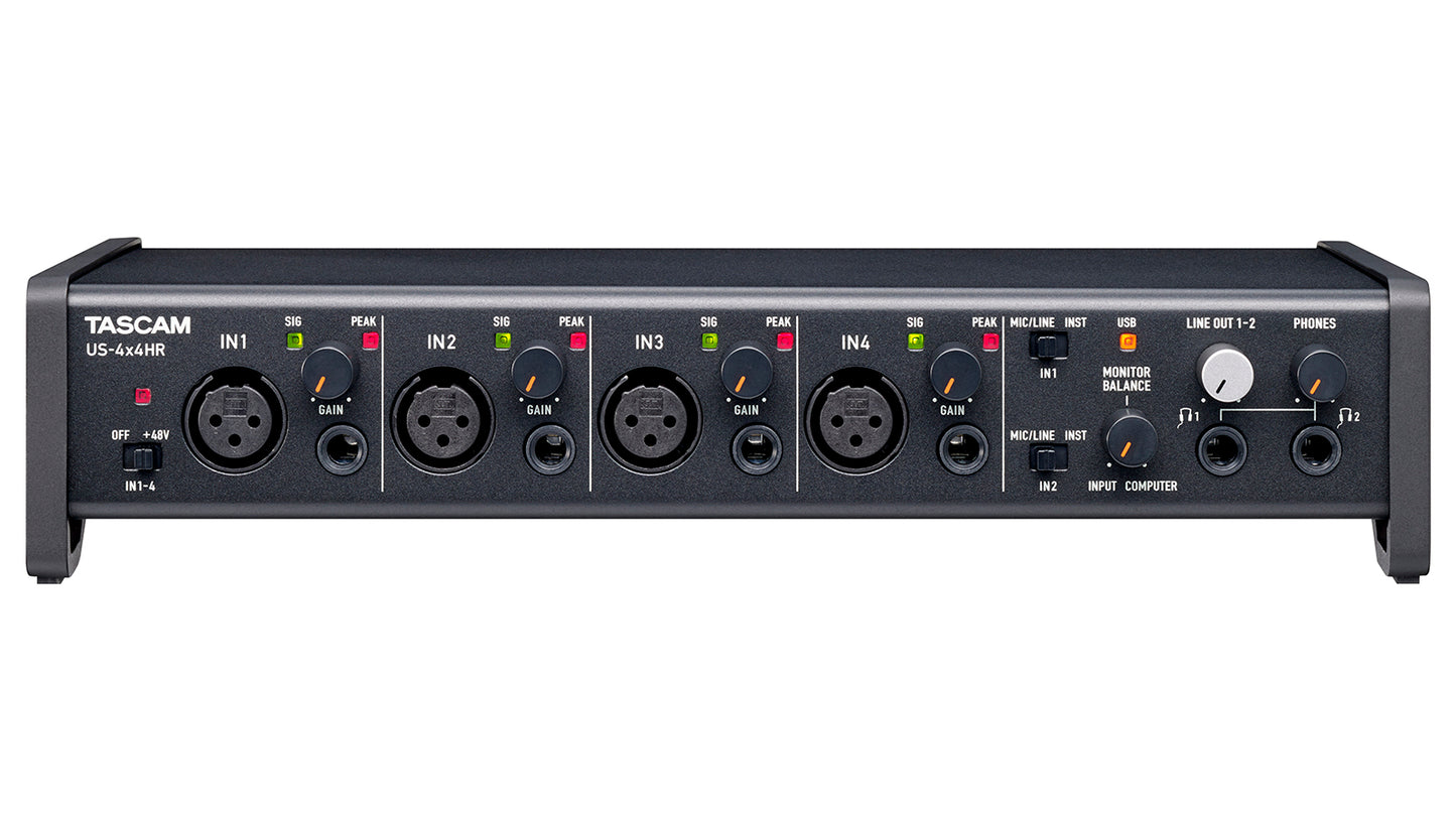 Tascam 4-in 4-out USB-C audio interface with front panel inputs and controls for computer audio recording and mixing.